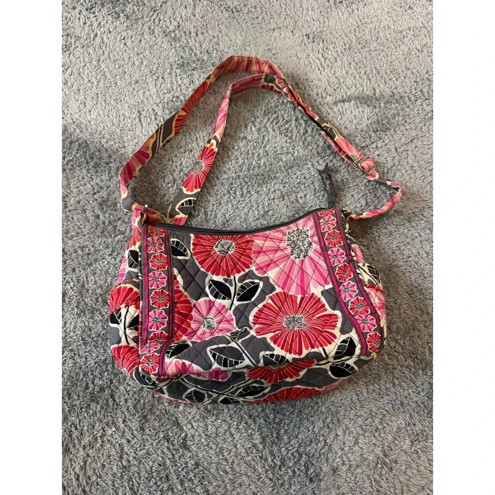 Vera Bradley Shoulder Bag Quilted Cotton Floral Pink Red Gray Hobo Purse